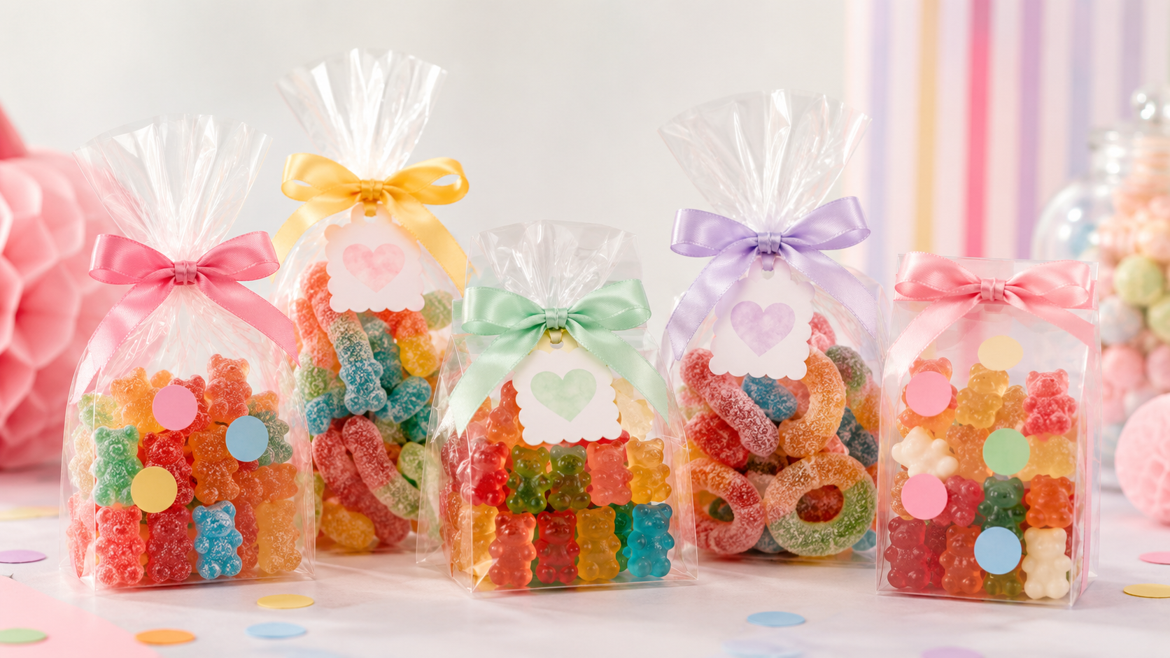 Clear party favor bags filled with colorful gummy candies and ribbons