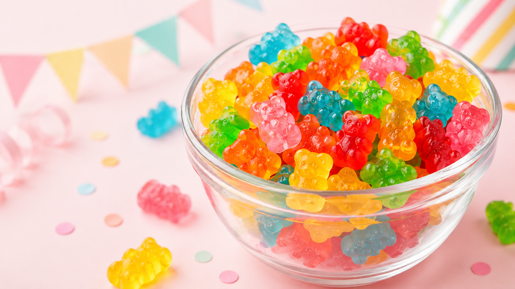 A bowl filled with colorful gummy bears for a party