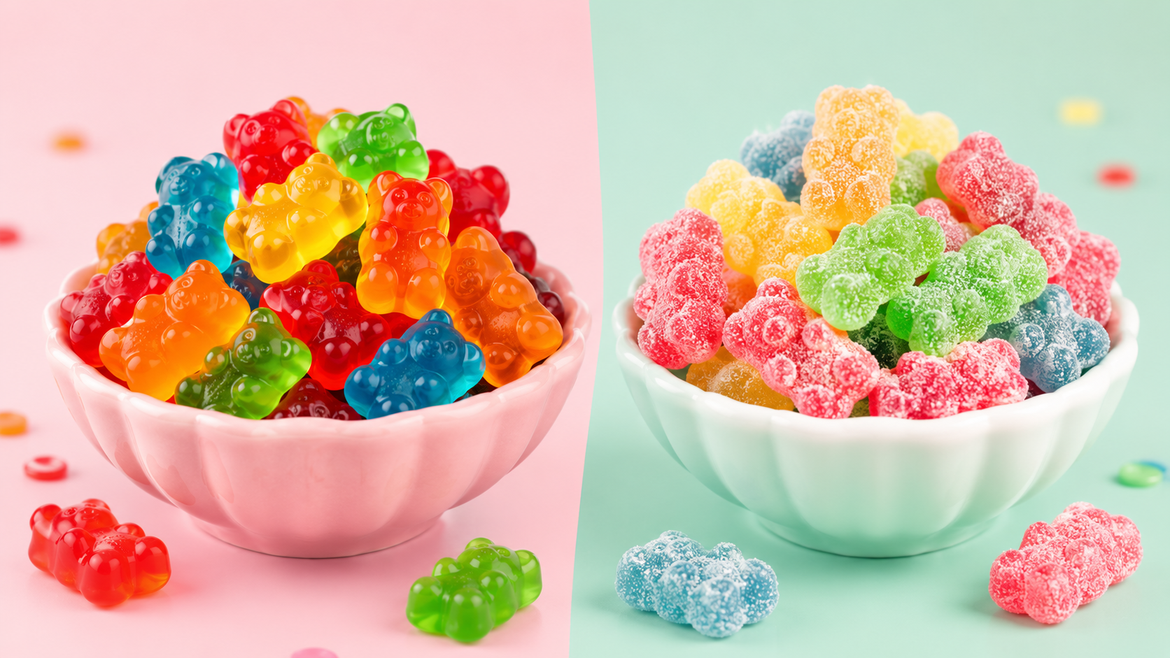 Two bowls comparing glossy sweet gummy bears and sugar-coated sour gummy bears